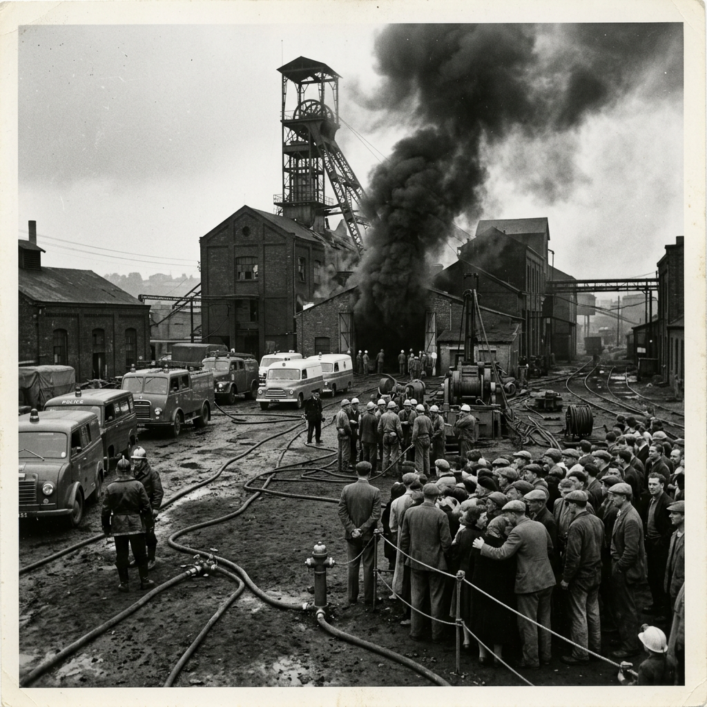 Coal mine with thick black smoke billowing and rescue teams with emergency vehicles